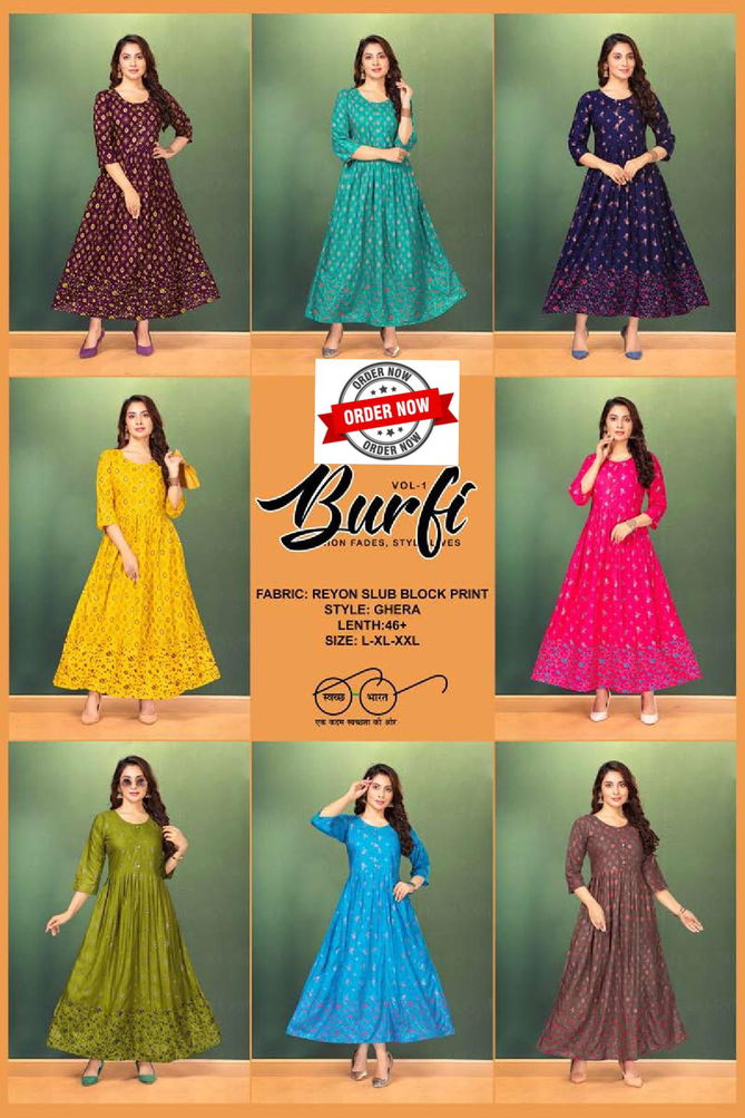 Barfi Vol 1 By Golden 101 To 108 Flaired Printed Kurtis Wholesale Clothing Suppliers In India
